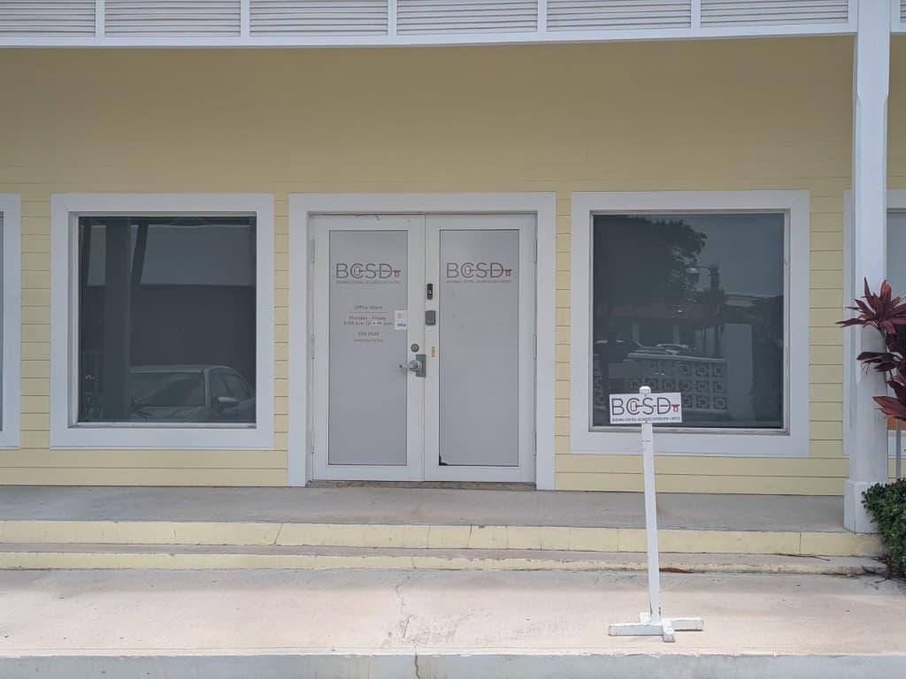 BCSD office entrance at Cotton Tree Traders Plaza, Unit 4, East Bay Street, Nassau